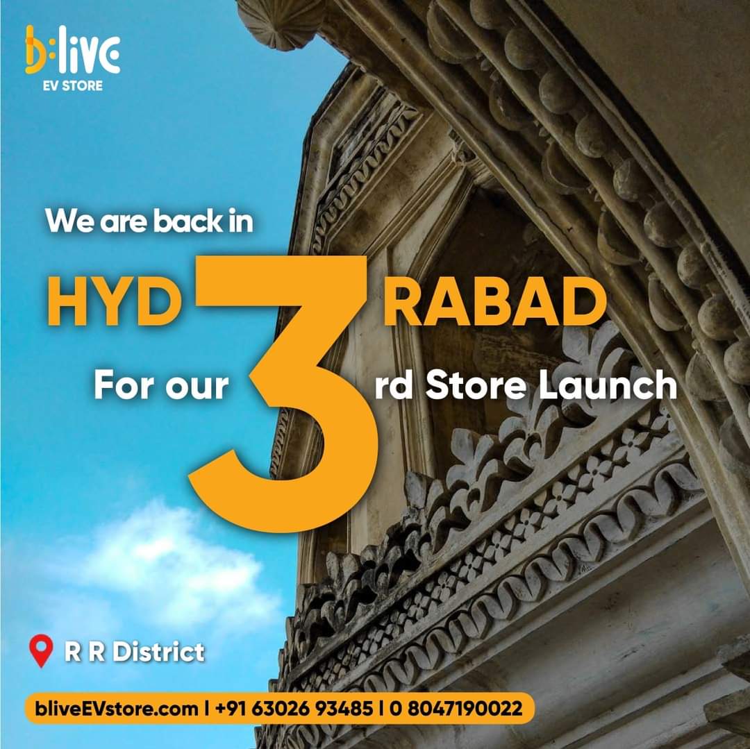 letsblive's tweet photo. 3xciting news! Hyderabad will see it's 3rd BLive store launch on the 3rd of May! Join us for the #EVRevolution⚡
#electricscooter #electriccycles
#blivestore #Hyderabad #EVstore https://t.co/UjLAGil0JU