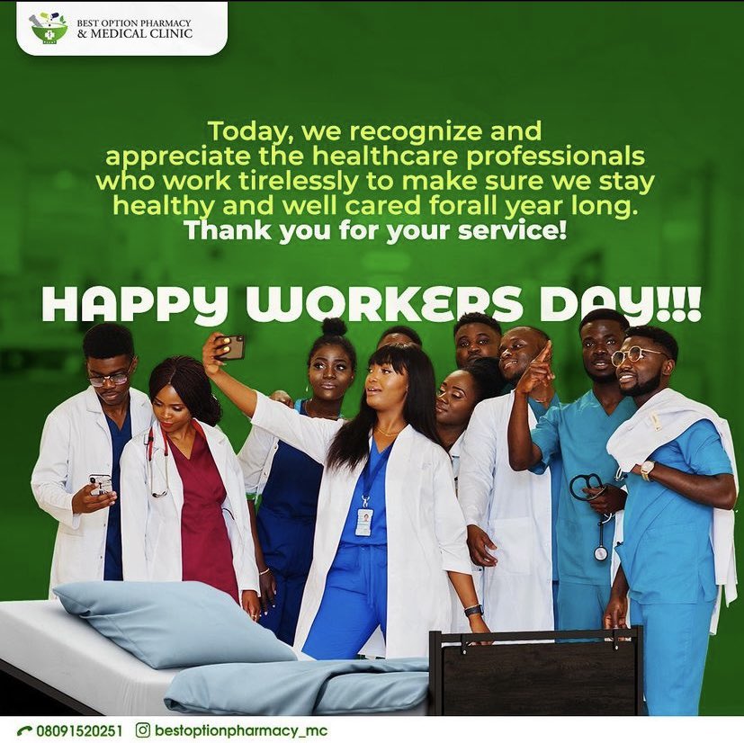 BestOptionPharm's tweet photo. Happy workers day Dear pharmily.
May your hard work always bring you the sweet fruits you deserve and take you ahead in life.
From all of us at Best option pharmacy 🤝💚👩‍⚕️.
#HappyWorkersDay https://t.co/JDeAXf5dAX