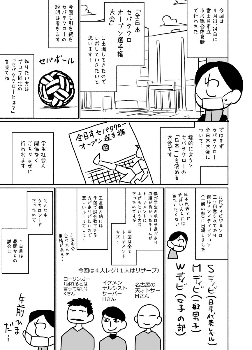 全日本セパタクローオープン選手権大会レポ漫画(という名の絵日記)1/2
#セパタクロー #レポ漫画 