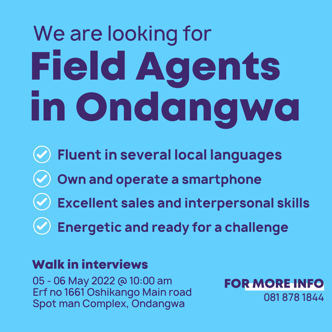 JabuLogistics's tweet photo. We are looking for Field Agents in Ondangwa!
Join us for walk-in interviews on 05 - 06 May 2022 for an opportunity to join our team.
Contact us on 081 878 1844 for more info.
#Jabu #WeDeliverGoodLuck #Vacancies #Hiring https://t.co/eHxLbg52hu