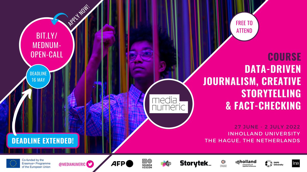 DEADLINE EXTENDED! Are you a student in the creative industry, journalism or media field at <a href="/WarsawSwps/">SWPS Warsaw</a>, <a href="/Ina_audiovisuel/">INA - Institut national de l'audiovisuel</a>, @Inholland or any other Dutch university? You now have until 16 May to apply to our Summer programme: don't miss out! bit.ly/mednum-open-ca…