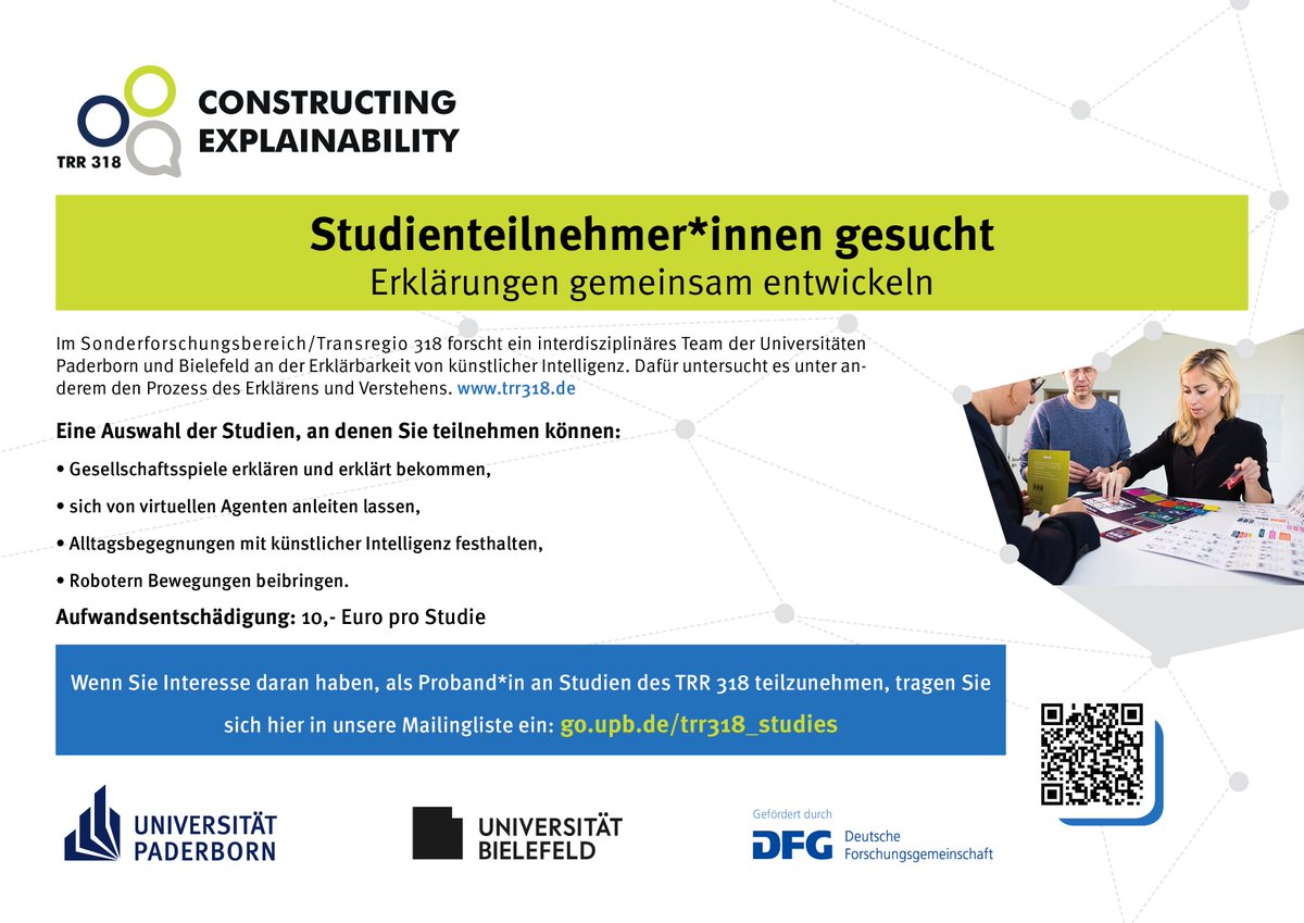 Want to help construct #explainability? We're looking for participants for some of our research #studies.
Subscribe to the #newsletter at go.upb.de/trr318_studies, where we will keep you updated on opportunities to get involved.
#trr318_studies #ScienceInTheMaking