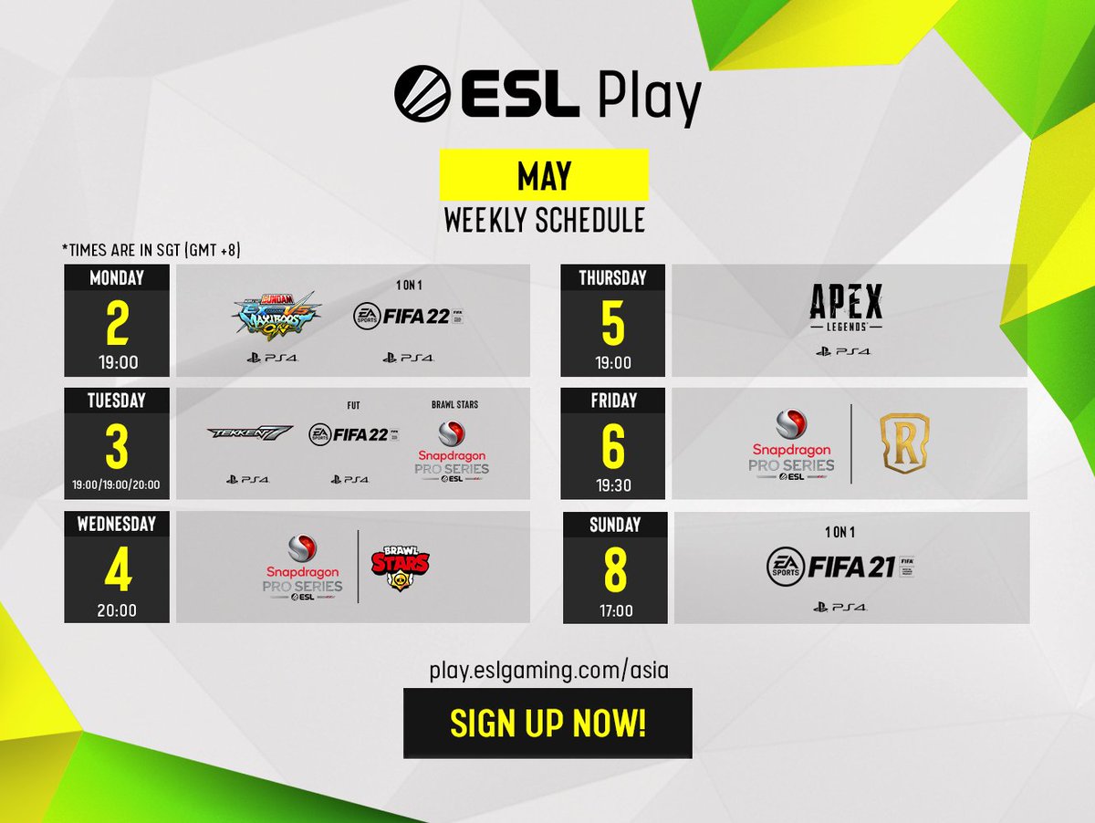 ESL_Asia's tweet photo. Start your May by taking part in some of these thrilling tournaments at #ESLPlay

Sign up or see the full details at 👉 https://t.co/mK0X6weCWd https://t.co/tVVfk2kyyl