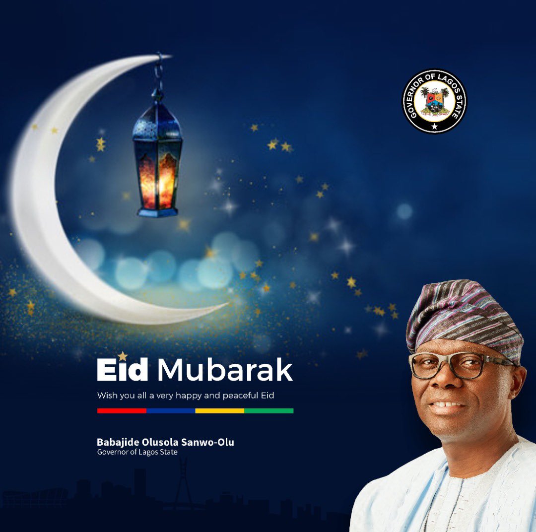 jidesanwoolu's tweet photo. Eid Mubarak to all Muslims in Lagos as the Holy month of Ramadan comes to an end. 

Let us imbibe the virtues of peace, love and harmony as we ruminate on the lessons learnt during the fast.

May the blessing of Almighty Allah continue to illuminate our path. 

Happy Eid-el-Fitr. https://t.co/k3XXKGGaEE