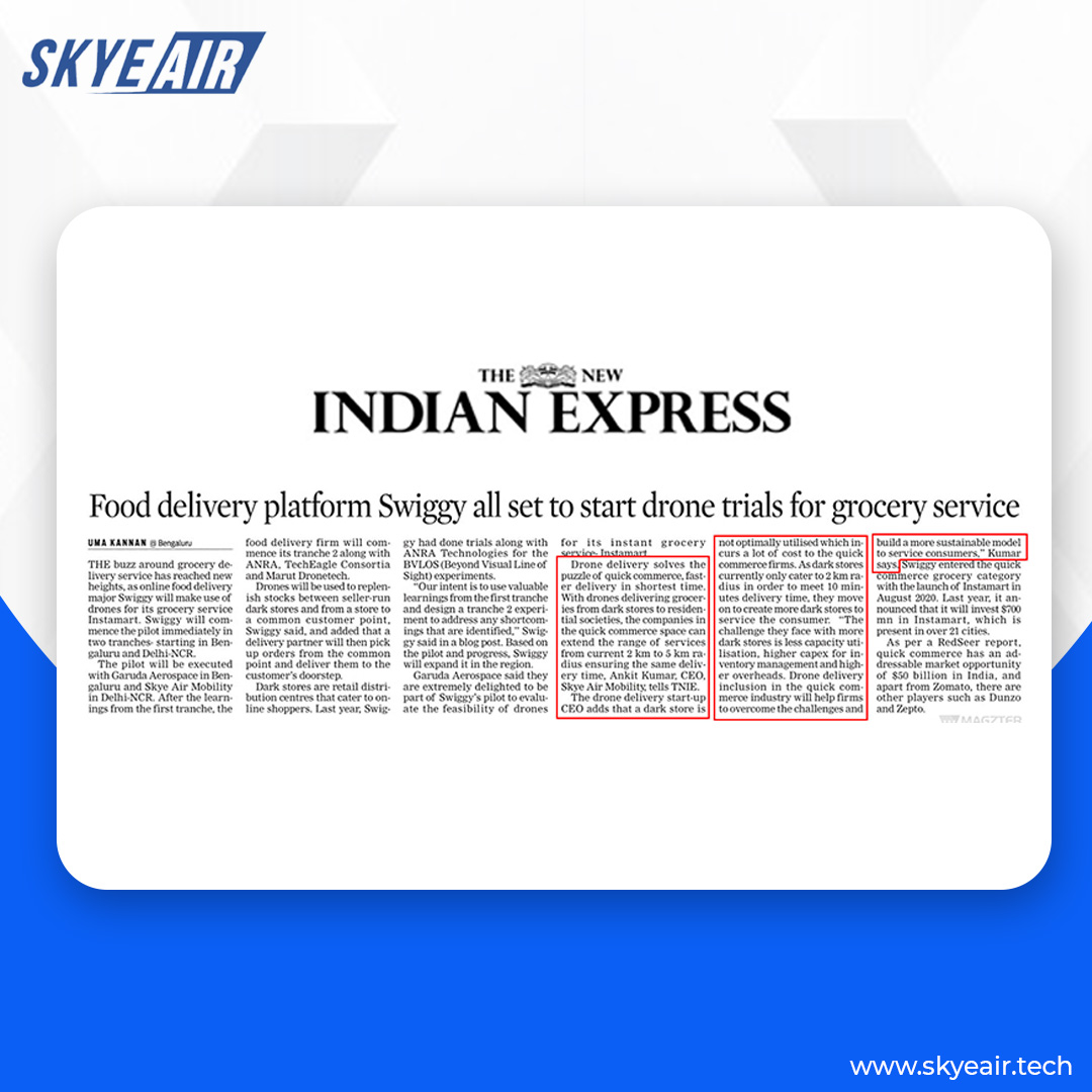 air_skye's tweet photo. 𝐌𝐚𝐤𝐢𝐧𝐠 𝐖𝐀𝐕𝐄𝐒!
@air_skye collaborates with @swiggy_in  on a grocery delivery project that has been covered by the Leading and Renowned publication @NewIndianXpress 

#swiggyindia #Swiggycollaboration 
#SkyEAirMobility #Drones #DronesDelivery #Aerospace #Aviation https://t.co/iEvEE0v5mR