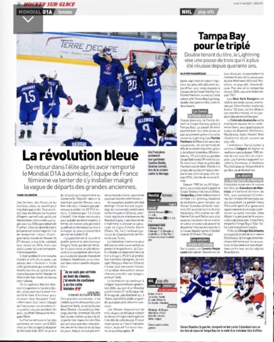 Cette page 100% hockey sur glace on valide dans le journal l’equipe. 🇫🇷