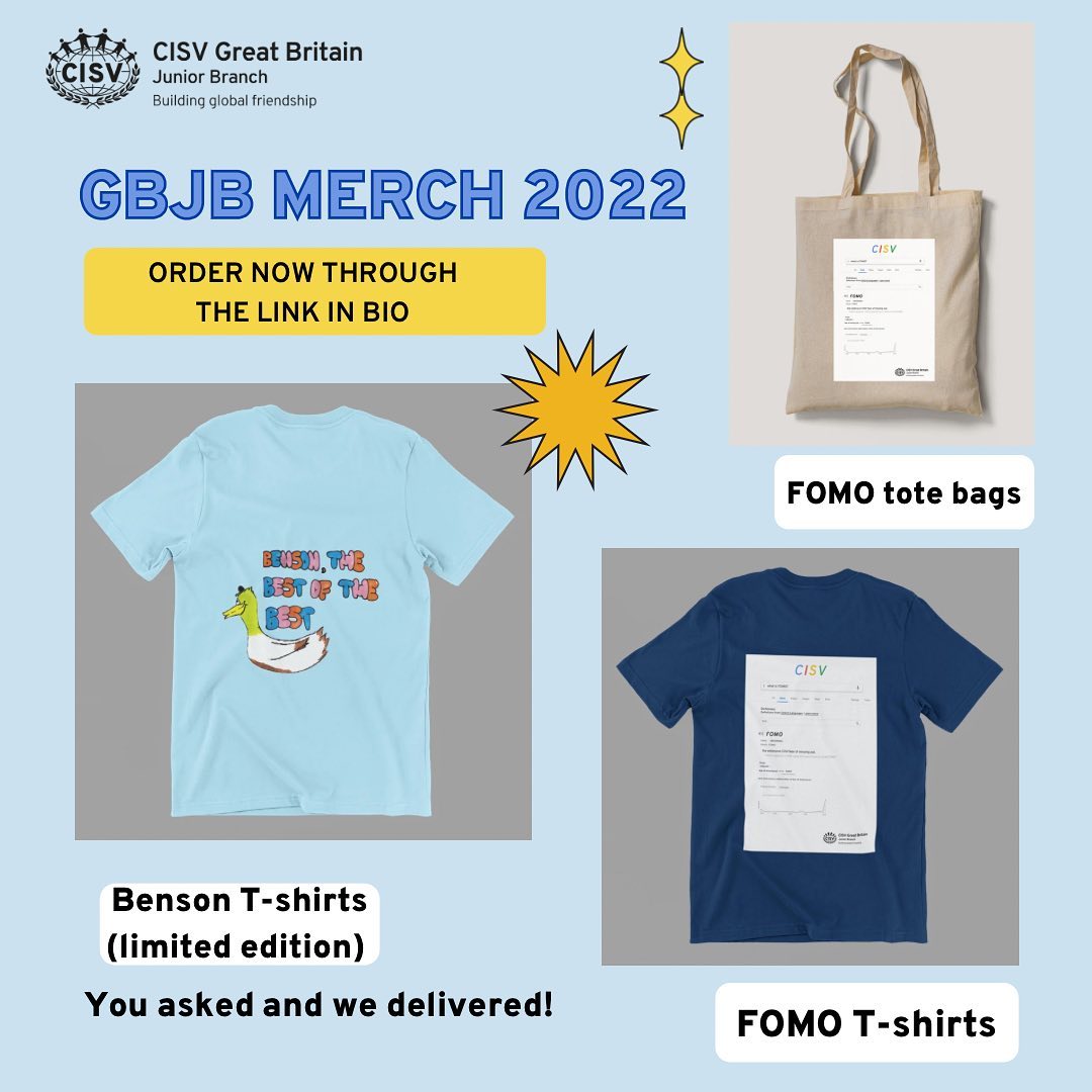 Excellent merchandise designs from our Junior Branch Board. Even better, they will post them nationally to you 👏
Our favourite is the tote bag 👜
Check out the post below for the designs, and order here: linktr.ee/CISV_GBJB

#cisv