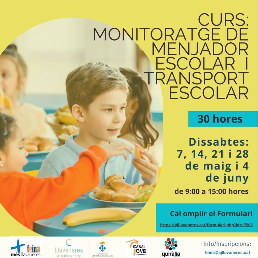 #MaresmeJove 📡 Curs Monitoratge de Menjador Escolar i Transport Escolar (30 hores)
📅 7, 14, 21 i 28 de maig i 4 de juny 2022
⏰De 09 a 15h
💻 Formulari inscripcions: ajllavaneres.cat/document.php?i…
<a href="/AjLlavaneres/">Ajuntament de Llavaneres</a> <a href="/Quiralius/">Quiràlia</a> 
<a href="/ccmaresme/">CC Maresme</a>