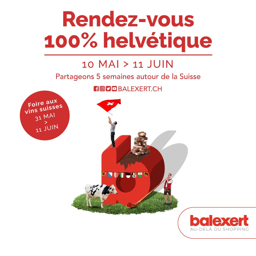 Célébrons ensemble la Suisse🇨🇭à Balexert!
Votre Grande Place se transformera bientôt en un décor traditionnel! Yodel - Ay - Ee - Ouuuu 🎶 
Programme complet de l'événement (animations &amp; ateliers) 👉 balexert.ch/evenements/eve…
#Balexert #Suisse #evenement