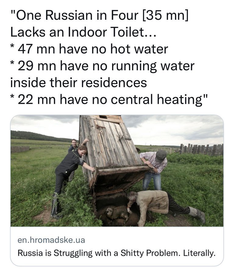 Andreas_Adam's tweet photo. @RusBotschaft Apropos bedrohliche Entwicklung.
Für eine Nuklearmacht eine echt besch...eidene Situation.
Wie wäre es mit "Indoor Toilets for all Russians", um die Toiletten nicht in der Ukraine stehlen zu müssen.
Die eigene Bevölkerung wurde kein Veto einlegen, ganz sicher...
#entwerten https://t.co/aboxCPqQLY