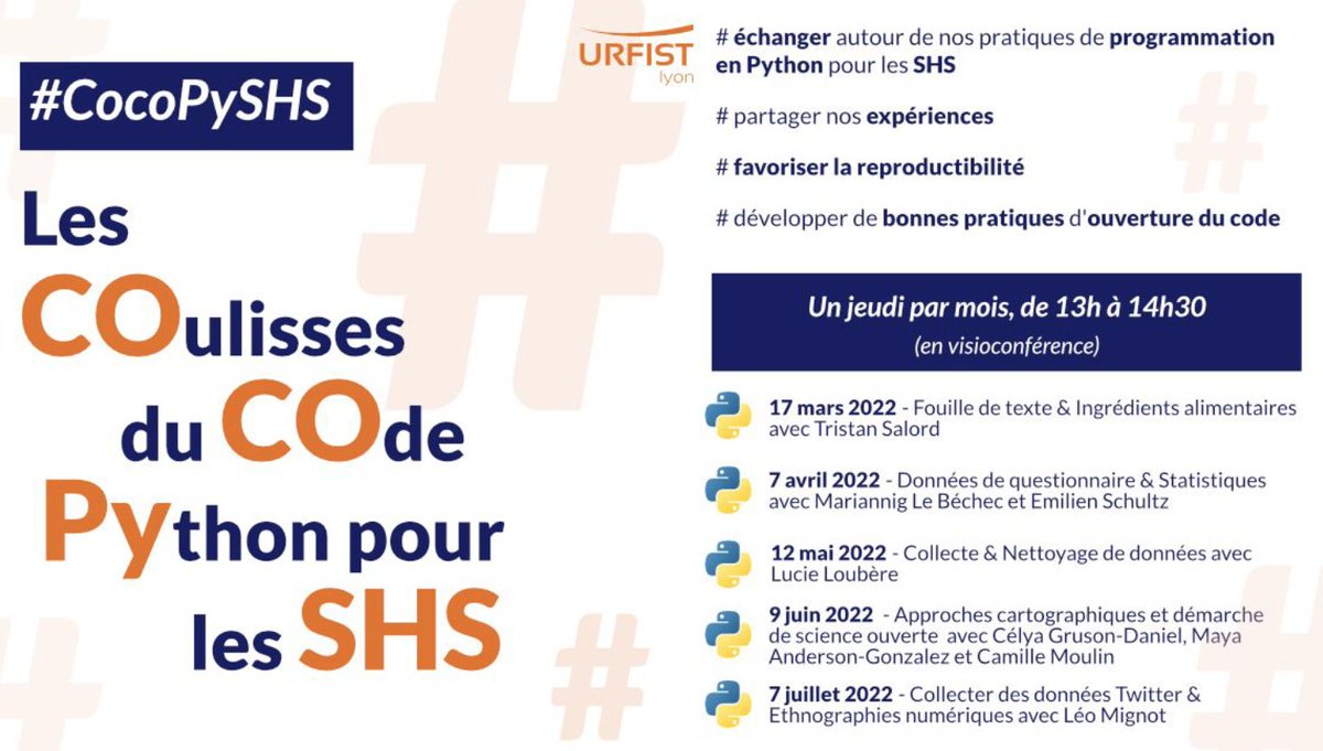 EmilienSchultz's tweet photo. [Annonce📢] Séance 3⃣ des Coulisses du Code #CoCoPySHS le **12 mai à 13h** avec Lucie Loubère @lucieloubere

Même pour une experte #iramuteq Python est utile pour la mise en forme des données 😋

Organisé par @UrfistLyon avec @MariLeBechec. Infos:  https://t.co/Z0Y8e2a8tR https://t.co/sj3tnQyfik