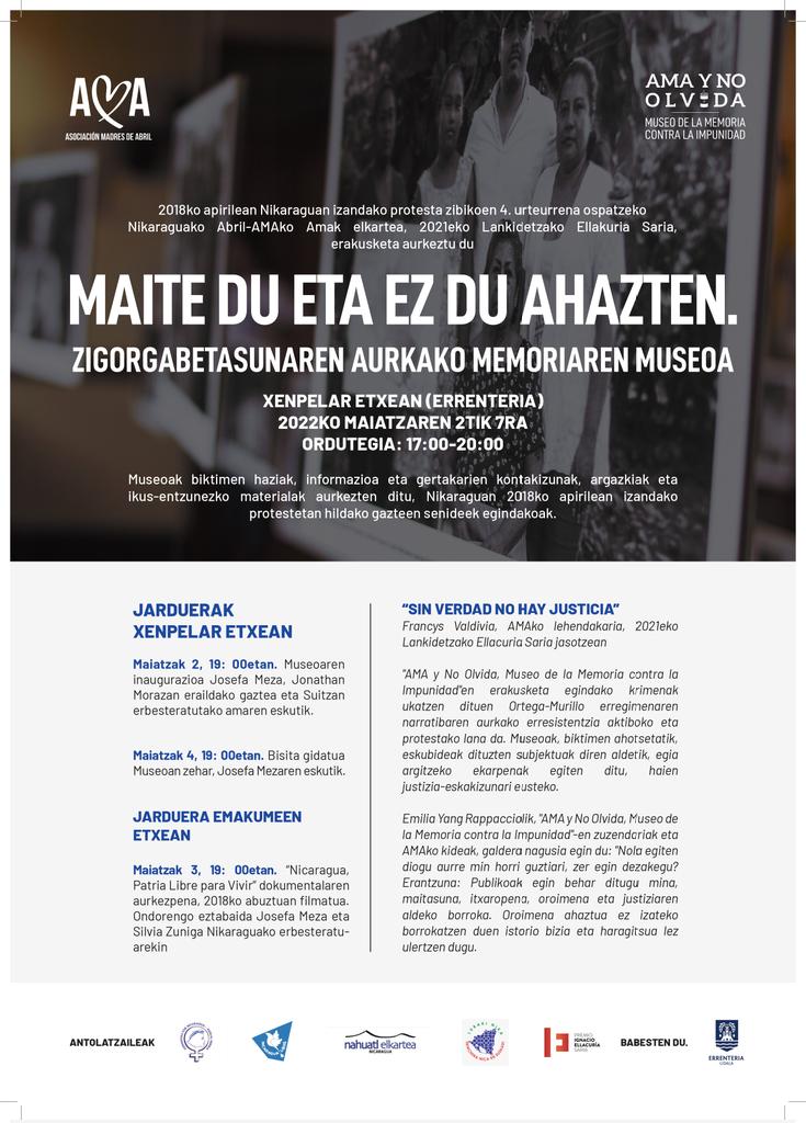 guadianak's tweet photo. Gaur Xenpelar Etxean 19:00tan
"Maite du eta ez du ahazten."
Zigorgabetasunaren aurkako memoriaren museoa.
#inaugurazioa. #errenteria 
Asociacion Madres de abril. https://t.co/2IhGrWPMCy