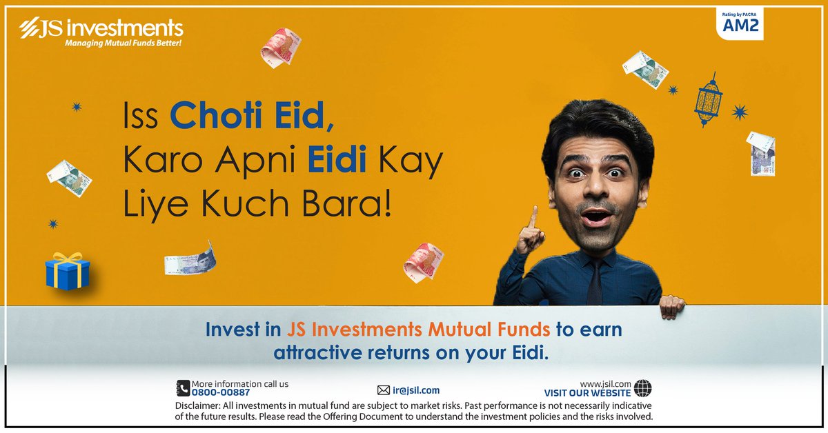 JSInvestment's tweet photo. Iss Choti Eid, karo apni Eidi kay liye kuch bara!
Apni eidi JS Investments kay mutual funds mein invest karkay kamao behtreen munafa.
Sign Up: https://t.co/blbKiBN9zj
#JSInvestment #MutualFunds #AssetManagement #Savings #Investments https://t.co/LMnj9ilROM