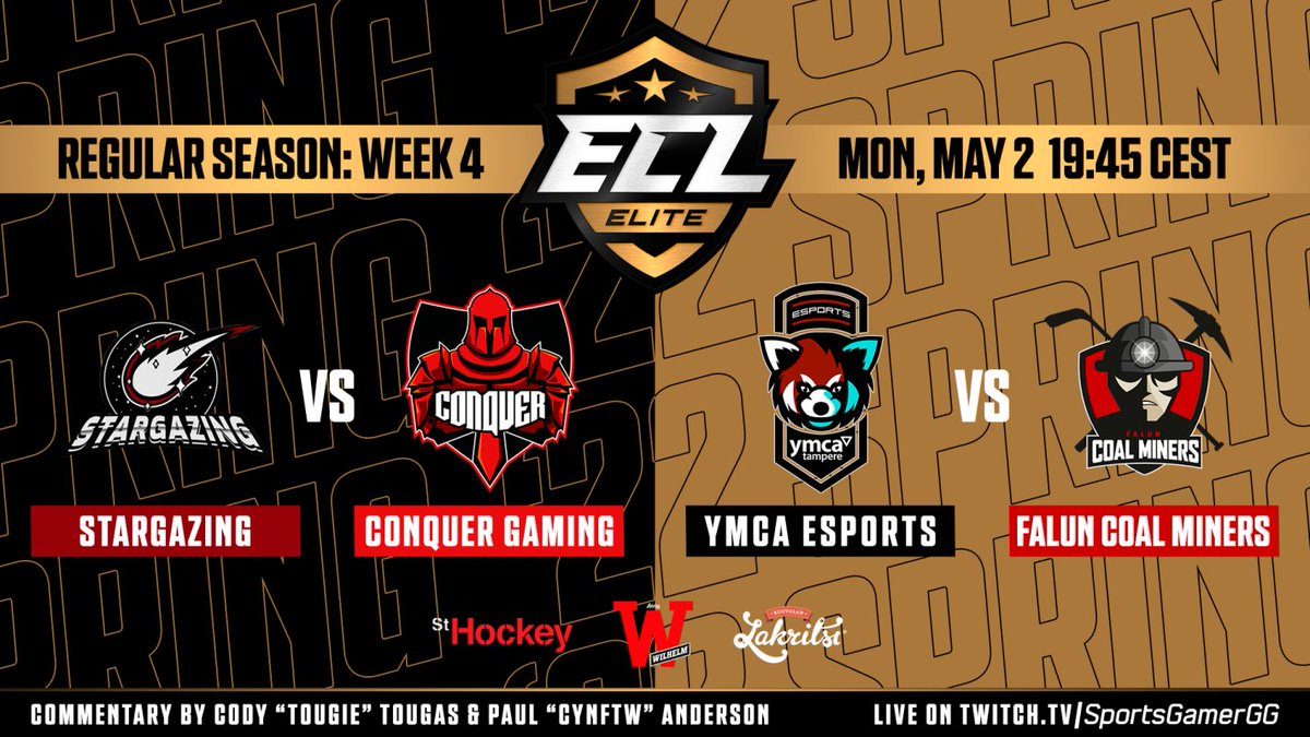 SportsGamerGG's tweet photo. Back on the #ECL22Spring Elite grind today! 🔥

🕕 19:45 CEST
📺 https://t.co/7RWk9GjyB4
💫@StargazingNHL vs @ConquerGamingFI ⚔️
🦊@YMCA_NHL vs @CoalMinersEASHL ⛏️

#NHL22 #esports #MukanaWilhelm #kouvolanlakritsi https://t.co/3EF9mPTw3E