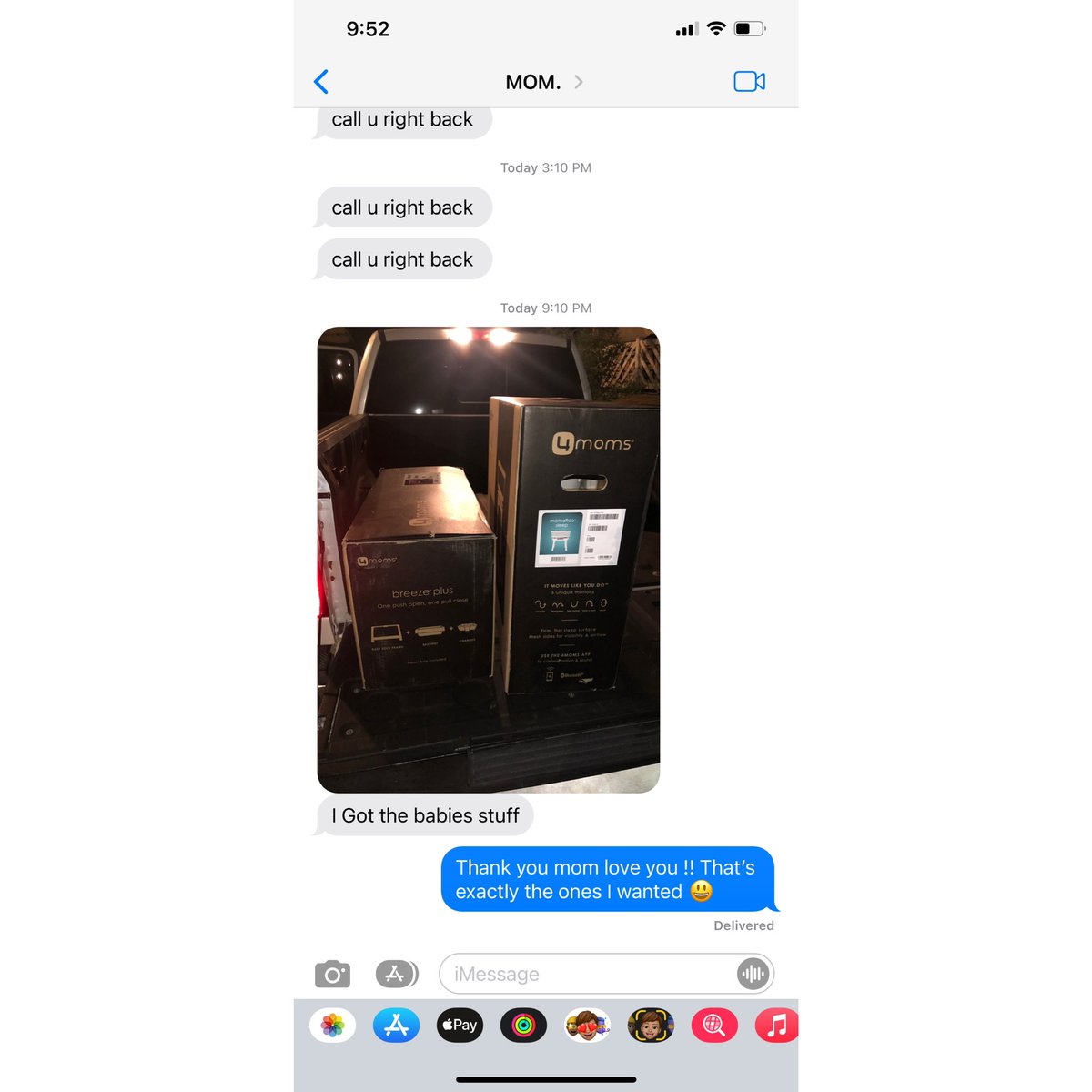 d2xab2x's tweet photo. Texts like these from my mom ; so thankful &amp; grateful for this woman. She got exactly the ones I wanted for my littlest baby. #Mamaroo #Playpen #Bassinet 🥰😍 #MyMadr’e https://t.co/oAnT18xhUl
