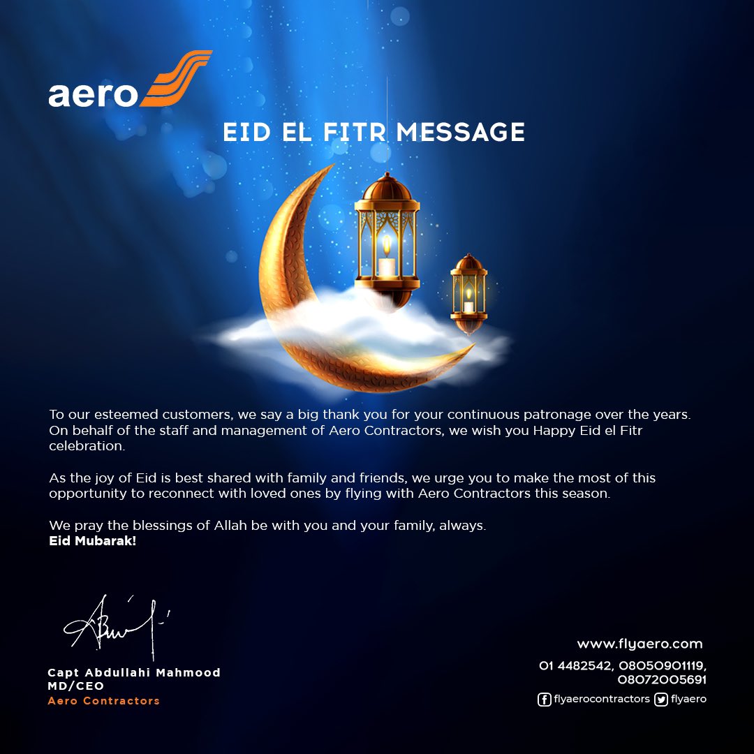 flyaero's tweet photo. Warm greetings from our CEO on this special Eid El Fitri celebrations.
Happy Celebrations.
#thereliablewaytofly
#flyaero
#Thereliablewaytofly
#Travel #Airline #explore
#aviation #eidelfitr https://t.co/E76gWe1P78