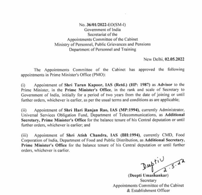 Retd IAS officer Tarun Kapoor appointed advisor to Prime Minister @narendramodi .