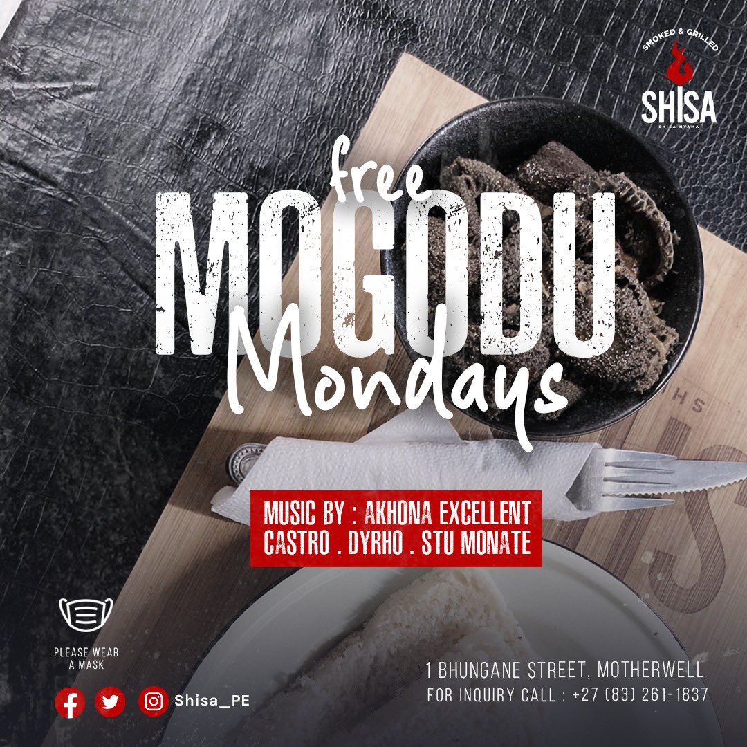 It’s #ShisaMogoduMondays Workers Day edition 🔥🔥

Sondela for ulusu and enjoy your first free serving from 6pm. 

📍1 Bhungane Street, Motherwell (NU2) 

#SHISA🔥