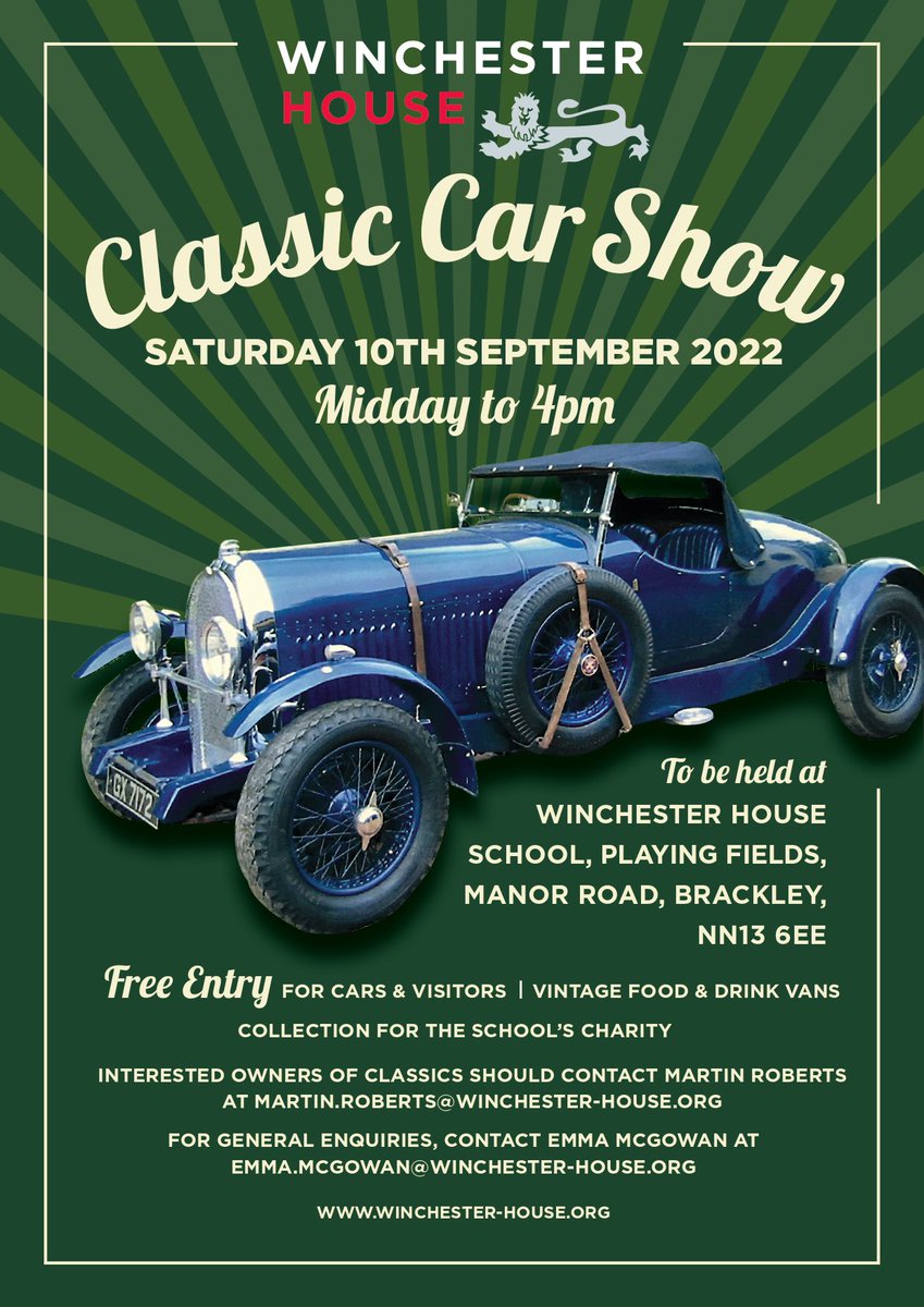 Winchester House Sch (@whsprepschool) on Twitter photo We are holding a Classic Car Show on Sat 10th September from 12-4pm. Free entry to visitors & cars; donations to Brackley Food Bank. Interested owners should email martin.roberts@winchester-house.org . Please share this post. We look forward to welcoming you to Winchester House. We are holding a Classic Car Show on Sat 10th September from 12-4pm. Free entry to visitors & cars; donations to Brackley Food Bank. Interested owners should email martin.roberts@winchester-house.org . Please share this post. We look forward to welcoming you to Winchester House.