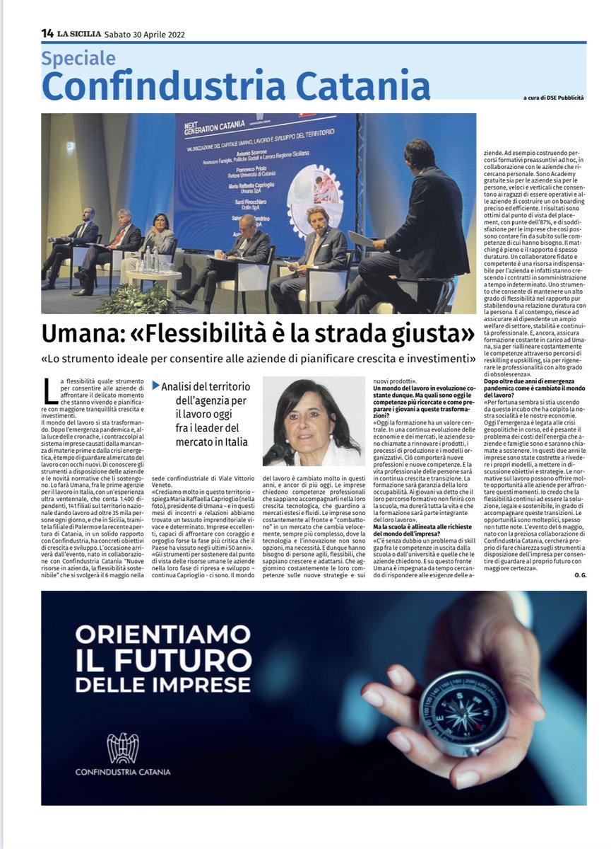 Lo Speciale Imprese di Confindustria Catania de La Sicilia è dedicato a #Umana, Agenzia per il lavoro tra le più importanti in Italia. Il tema “Nuove Risorse in Azienda. La flessibilità sostenibile“, sarà il focus del nostro convegno il 6 maggio alle 10 (V.le V. Veneto 109)