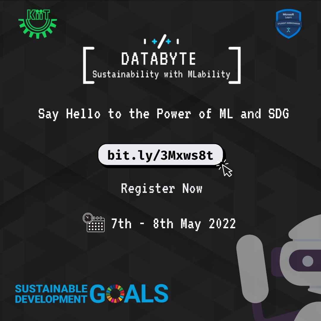 mlsakiit's tweet photo. DataByte - Sustainability with MLability, 2-day interactive event about ML, No Code and SDG! 🗓️ - 7th &amp; 8th May 2022. Register Now - https://t.co/cTFqY90tLv
#SDGs #MachineLearning #NoCode #sustainability #Data #registration #PowerBI #workshops https://t.co/rcxau5Xrb7