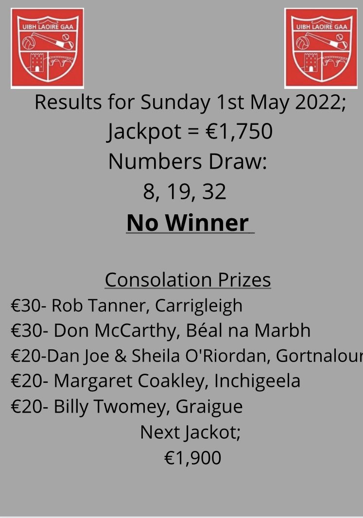 UibhLaoireGAA's tweet photo. This weeks Lotto Results! 

You can buy your ticket for next weeks Lotto from the link below 👇🏻

https://t.co/VgDF55BgmX https://t.co/Gnnh8vW5Jv