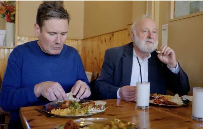 The picture on the left is in a Daily Mail article about Keir Starmer breaking lockdown rules. The picture on the right depicts Keir Starmer sitting next to Frank Dobson who died in 2019.