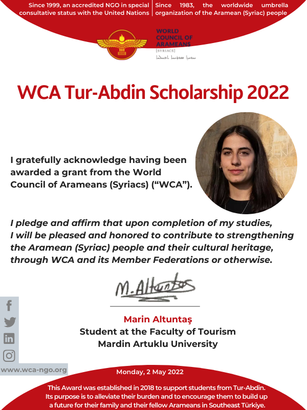 wca_ngo's tweet photo. The second WCA Tur-Abdin Scholarship of 2022 goes to Marin Altuntaş from #Arkah (#Üçköy) who studies Tourism!
More will follow in the coming days. We thank all our sponsors, particularly Aziz and Suheyla Maroge from Germany!
#TurAbdin #SoutheastTürkiye https://t.co/kSvRkXqDz0