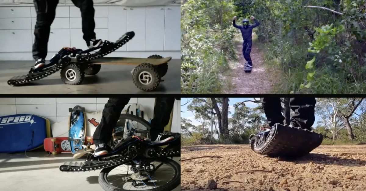 USABestElectric's tweet photo. Start your week with this 30 mph electric skateboard with tank treads instead of wheels https://t.co/Mhw7WppFFT https://t.co/3ZgPqbGNji