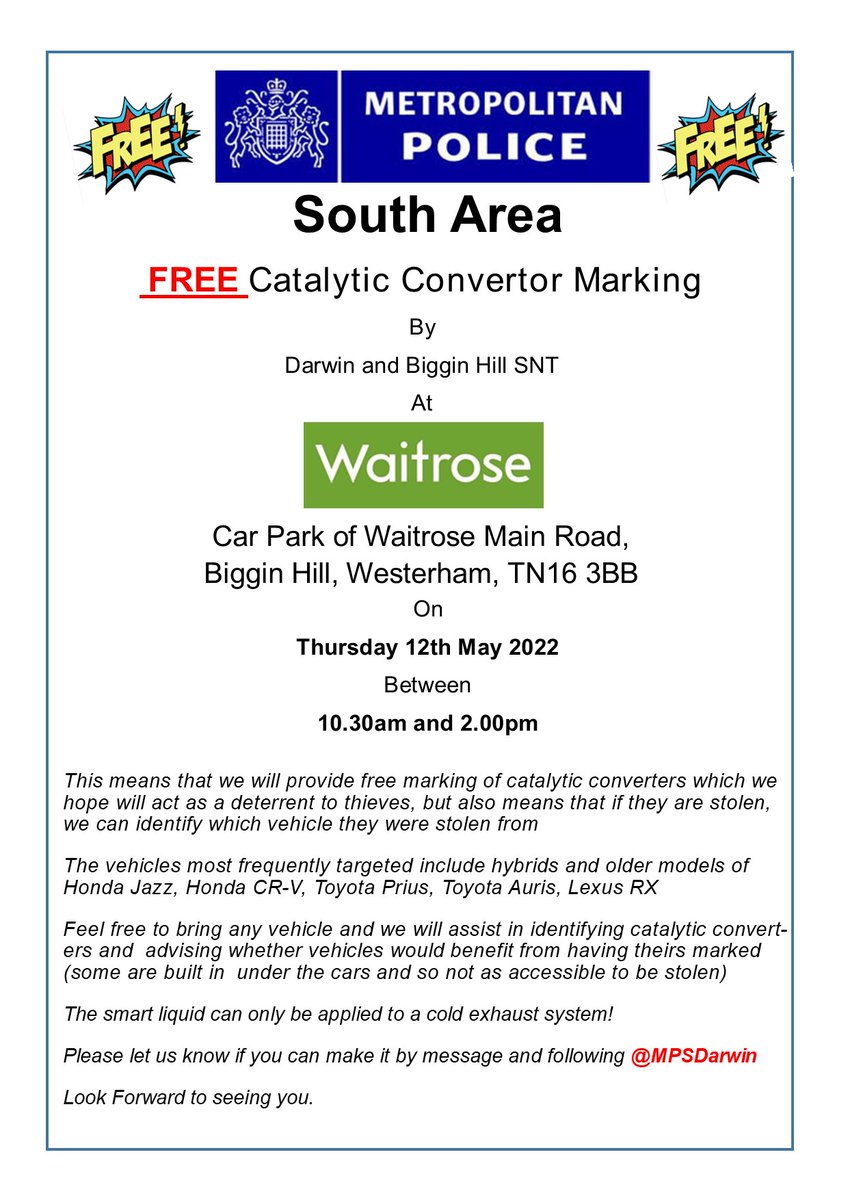 MPSBromleyComm's tweet image. FREE catalytic Convertor Marking Event coming to South Area ^JT