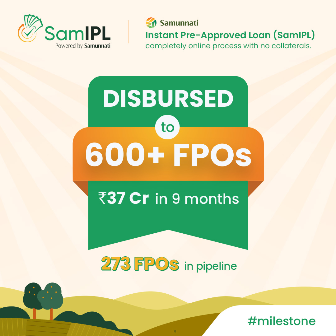 samunnati's tweet photo. We are exhilarated to share that the cumulative amount of Rs. 37C has been disbursed for 600 FPOs with 273 more in the pipeline in just 9 months of the launch of #SamIPL.
#Samunnati #SamFin #SamAgro #GPTWCertified #BusinessLine #TheHinduBusinessLine #TheHindu #Farmers #Loans https://t.co/HQBBrQc9w0