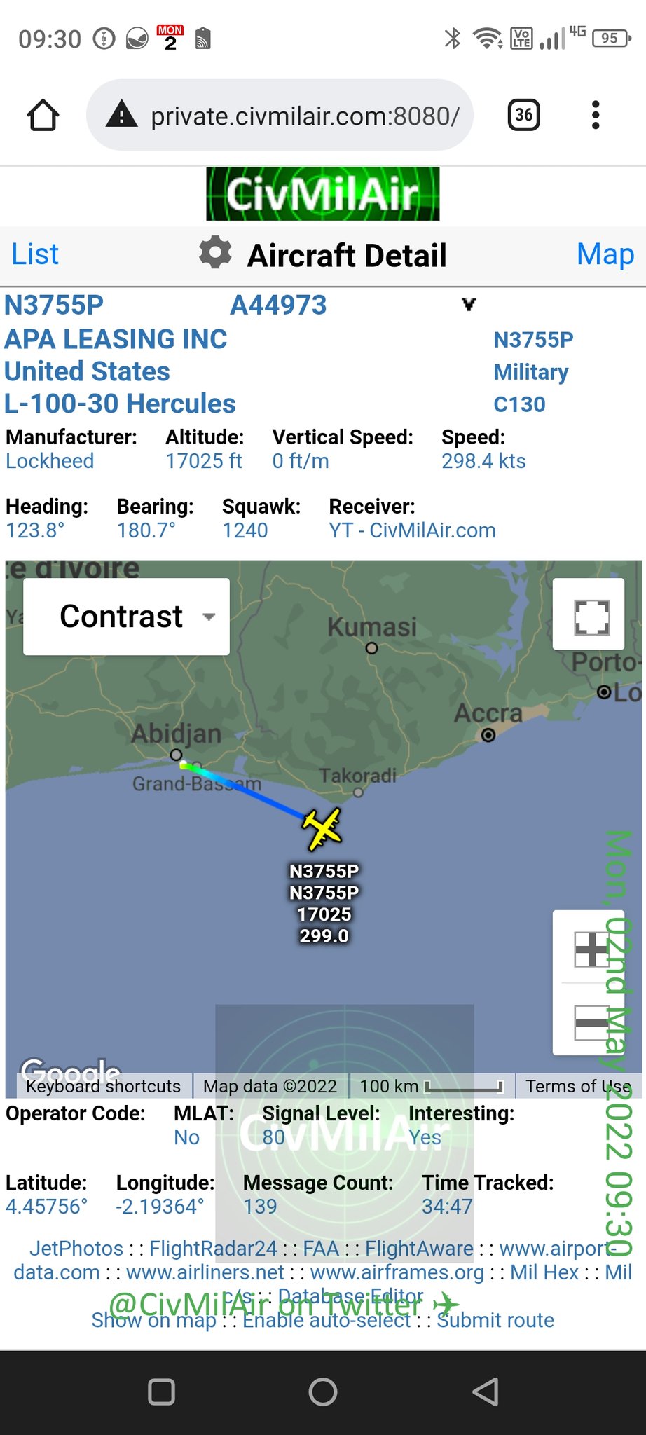 CivMilAir ✈🇬🇧🇺🇦 on Twitter: "That shady Herc back out from Abidjan, Coast 🇺🇸🕵️ Alleged CIA linked APA Leasing Hercules N3755P https://t.co/VriSokzpd0" / Twitter