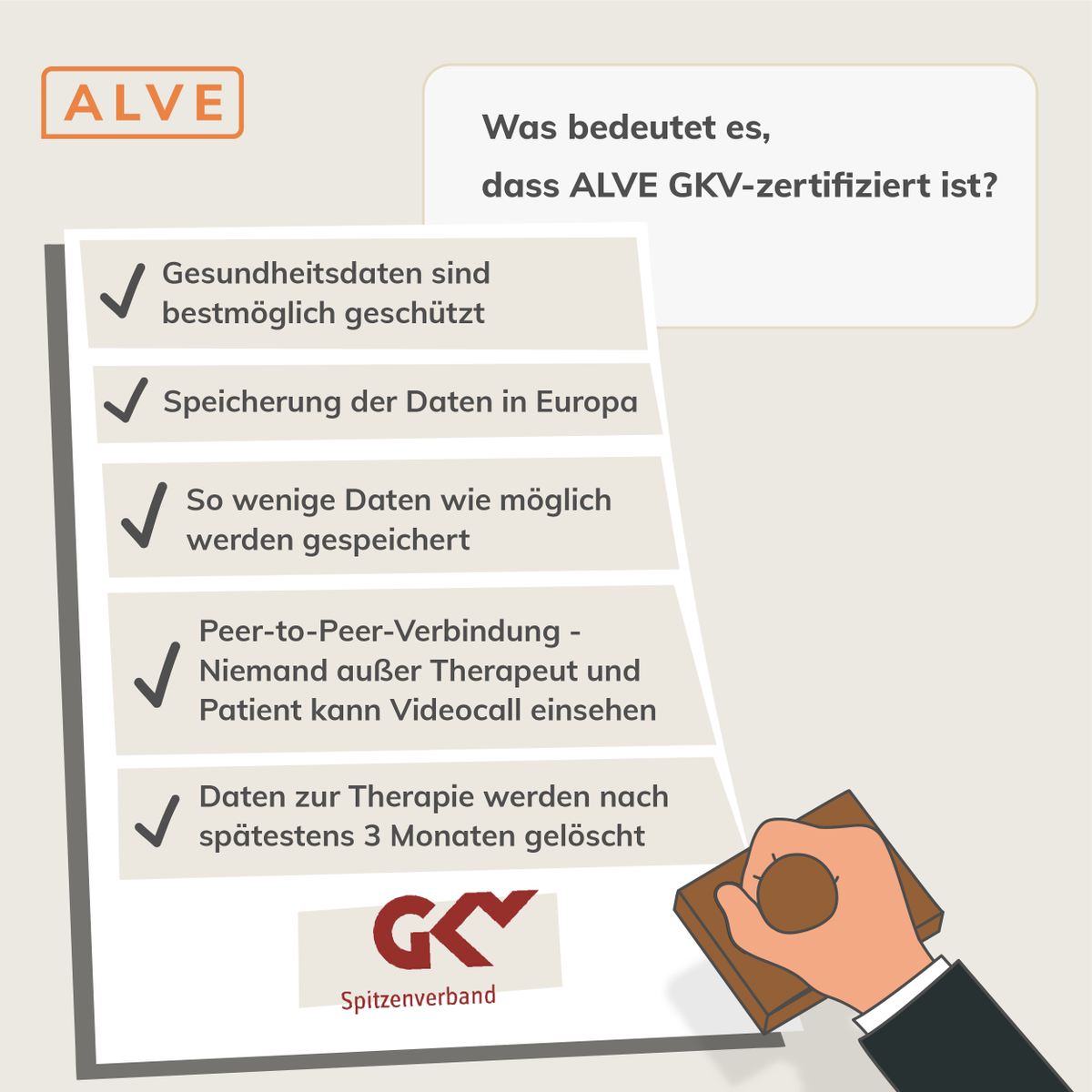 ALVE wurde in die GKV-Liste der zertifizierten Videodienstanbieter aufgenommen. Damit gehören wir zu den ersten Videodienstanbietern, mit denen #Physiotherapeuten und #Ernährungsberater in DE #DSGVO-konform #Videotherapie anbieten und mit <a href="/GKV_SV/">GKV-Spitzenverband</a> abrechnen können.