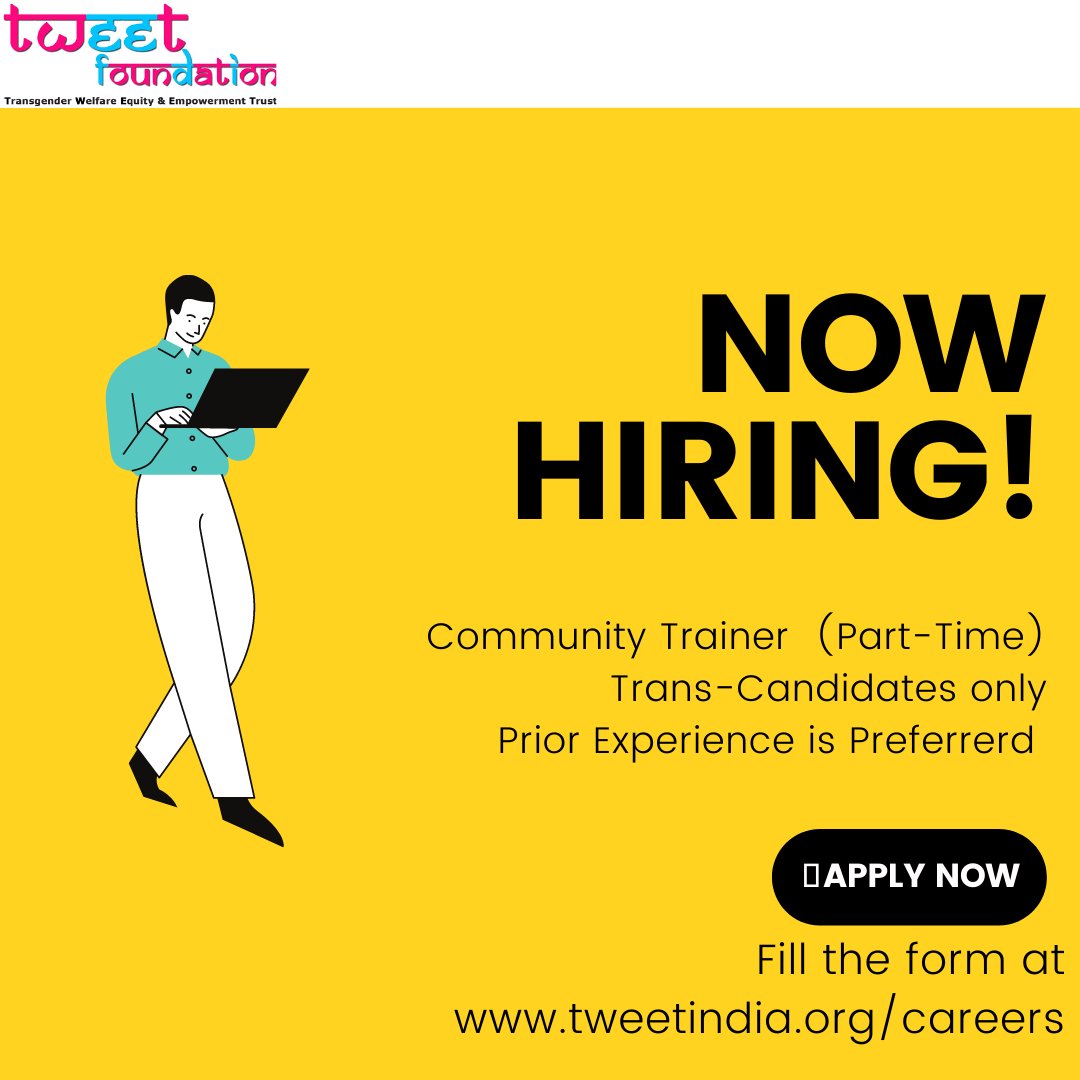 thetweetcbo's tweet photo. We Are Hiring!
Looking for passionate trans individuals who want to work for transgender community trans individuals
We are hiring for Community Trainers.
Visit : https://t.co/HosgxVt5Nl
#TweetFoundation #JobsForTransgenderPeople #Transgender #TransLivesMatter https://t.co/HlVg77zxrk