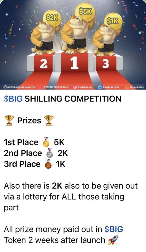🚨BSI SHILLING COMP 🚨

🏆10k in $BIG Token to be given away 🏆

For more info join the TG t.me/BIGSHIBACHAT 🐕

#ETH #BNB    #BSC #Crypto #blockchain #DAO #NFT #FEGex