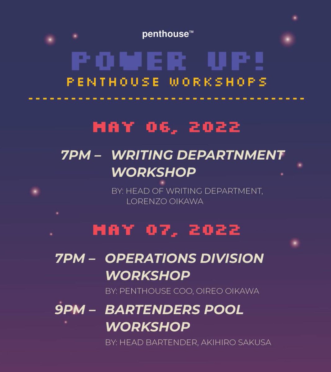 Here are the schedules for POWER UP!: The Penthouse Workshops.