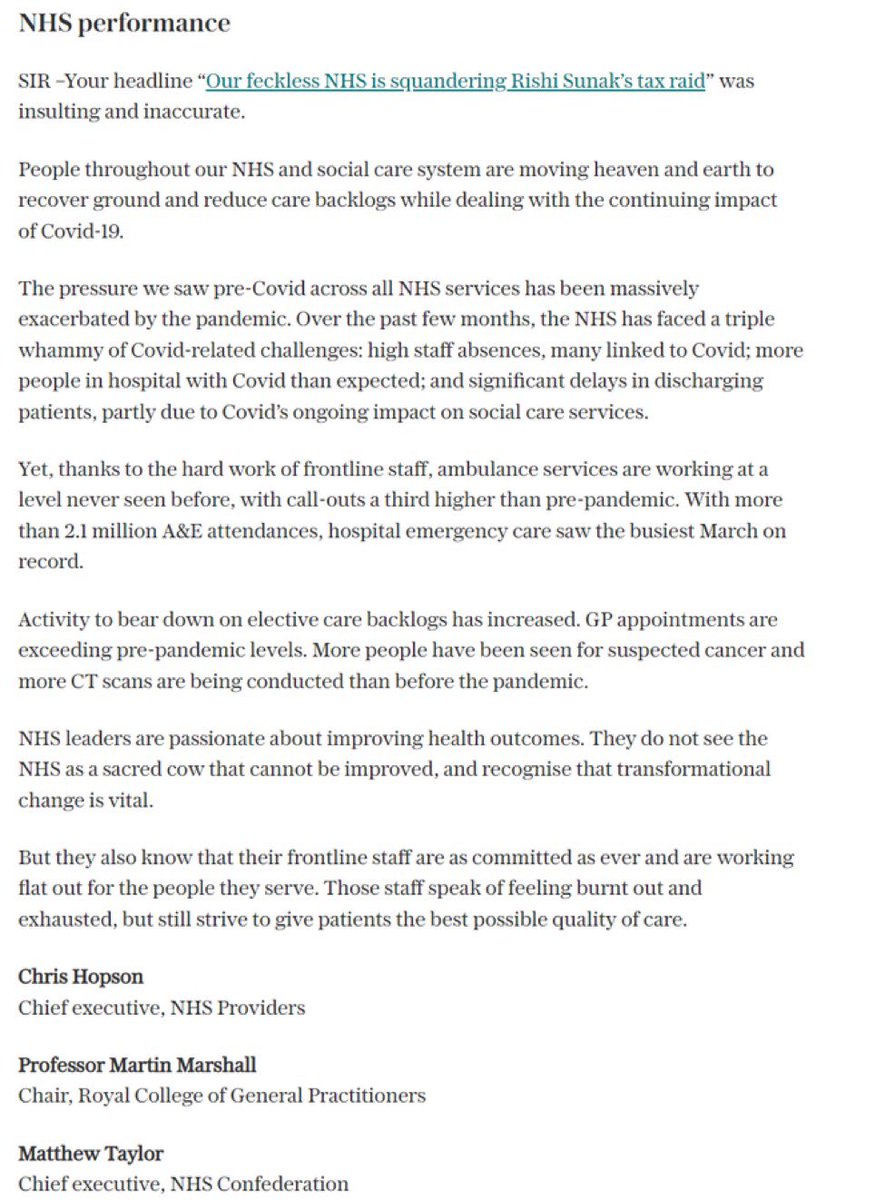 Describing the NHS as “feckless”, as @Telegraph did last week, is insulting and inaccurate. NHS staff are working completely flat out to provide the best possible care amidst a wide range of very difficult challenges. Letter in today’s @Telegraph 👇. R/T or like if you agree.