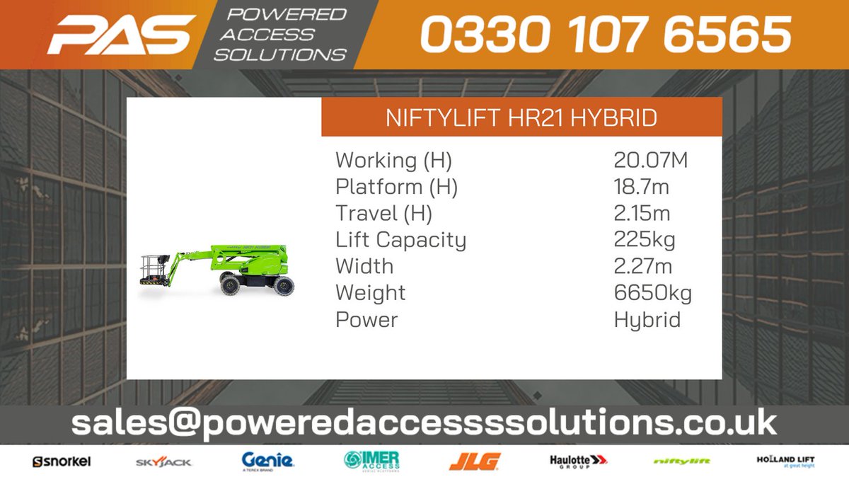 🟠🟠The Niftylift HR21 Hybrid AWD🟠🟠 

2 man work platform with a 20.7m working height and 12.60m of working outreach.

View &amp; Download product spec - poweredaccesssolutions.co.uk/boom-hire/nift…

#Poweredaccess