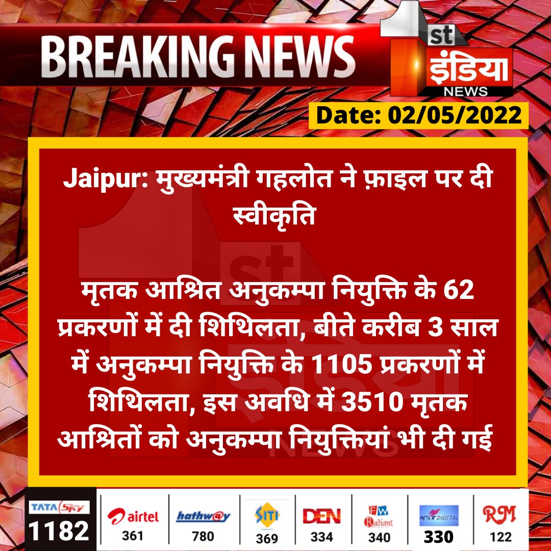 1stIndiaNews's tweet photo. #Jaipur: मुख्यमंत्री गहलोत ने फ़ाइल पर दी स्वीकृति 

मृतक आश्रित अनुकम्पा नियुक्ति के 62 प्रकरणों में दी शिथिलता, बीते करीब 3 साल में अनुकम्पा नियुक्ति के 1105 प्रकरणों में शिथिलता...

@ashokgehlot51 @RajCMO @naresh_jsharma https://t.co/r2VfJK0Q3x