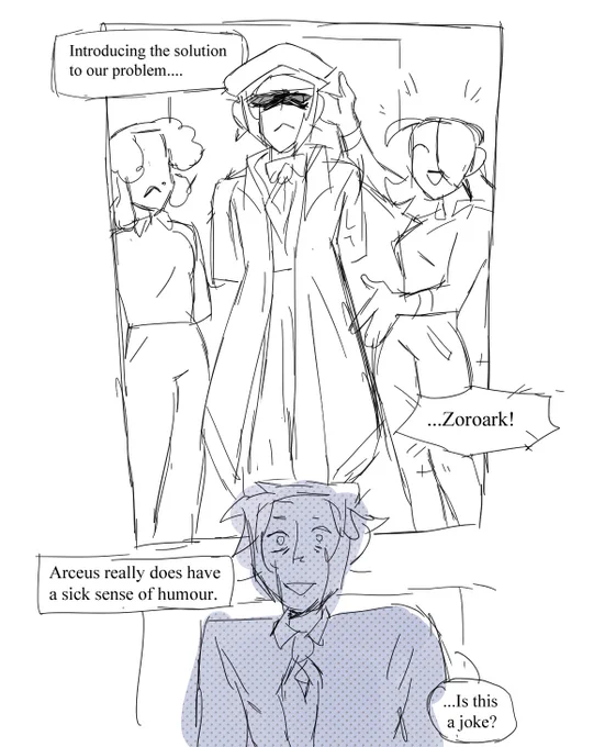 #submas finally drew this au [?] thing. Instead of going public about Ingo's disappearance, some PR people orchestrate a cover-up and set Emmet up with a zoroark to take Ingo's place. Emmet ends up haunted by a warped visage of his missing brother and psychological horror ensues 