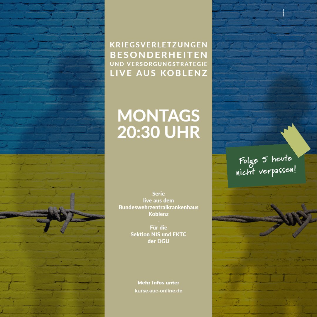 Heute setzen wir unsere Serie zu Kriegverletzungen fort. Schalten Sie ein um 20:30 Uhr! Wie immer live aus dem Bundeswehrzentralkrankenhaus Koblenz! Anmeldung unter bit.ly/34WqvBW. #Unfallchirurgie