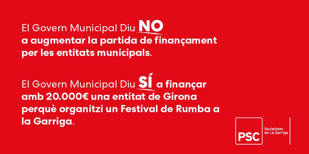 PSClaGarriga's tweet photo. El nostre grup va demanar augmentar la partida de subvencions a les entitats. Ens van dir NO.

El govern municipal crea una subvenció de 20.000€ per una entitat de Girona que vol organitzar un Festival de Rumba a #laGarriga!

Per les entitats de #laGarriga No. Per les de fora Si https://t.co/2wBDiZp1pJ