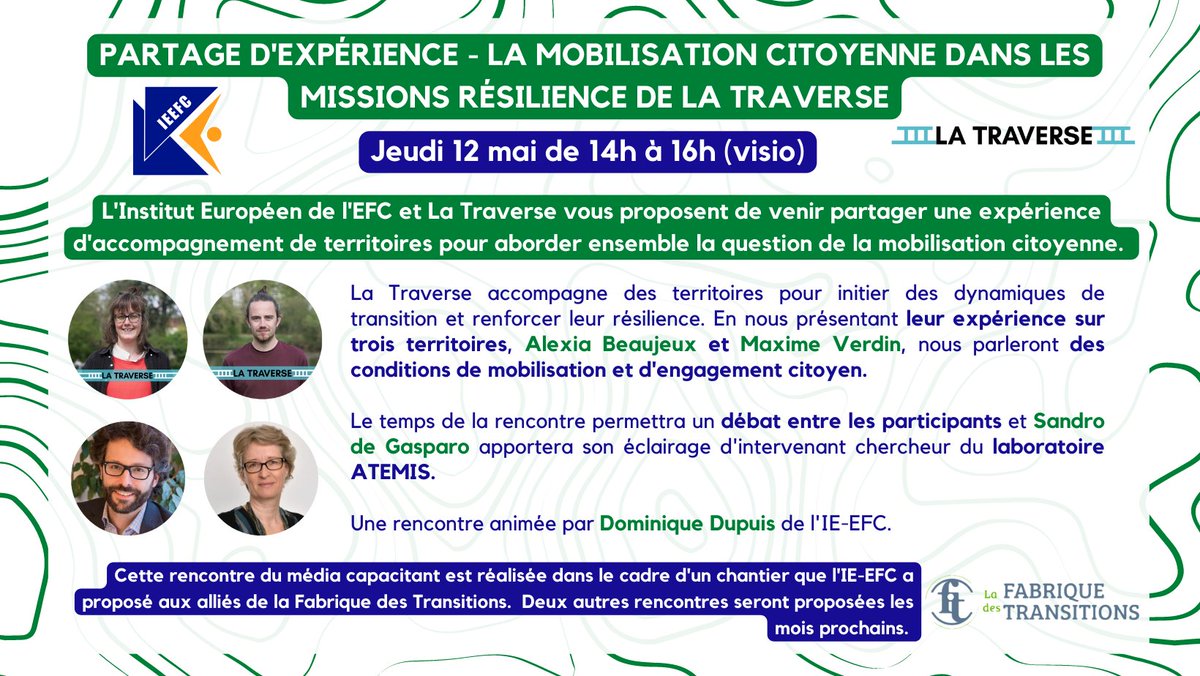 Le Jeudi 10 mai de 10h à 12h, <a href="/ieefc_contact/">IE-EFC</a> et <a href="/collatraverse/">La Traverse</a> vous proposent un temps d'échange et de partage d'expérience sur la mobilisation citoyenne autour d'un accompagnement de territoires. 

📍Inscriptions ici : lnkd.in/e-ZXpRZk