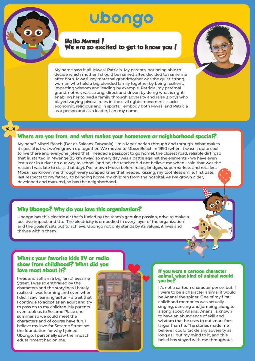 UBONGOtz's tweet photo. We introduced Ubongo's new CEO, @WilmoreMwasi to you last week.

But who is she? 

In the truest Ubongoer style, we got a few of our memorable characters to ask her a few questions and you get to read all the answers! 

#ceo #sheleads #thisisgrowth #ubongoimpact https://t.co/qduCFvxUwZ
