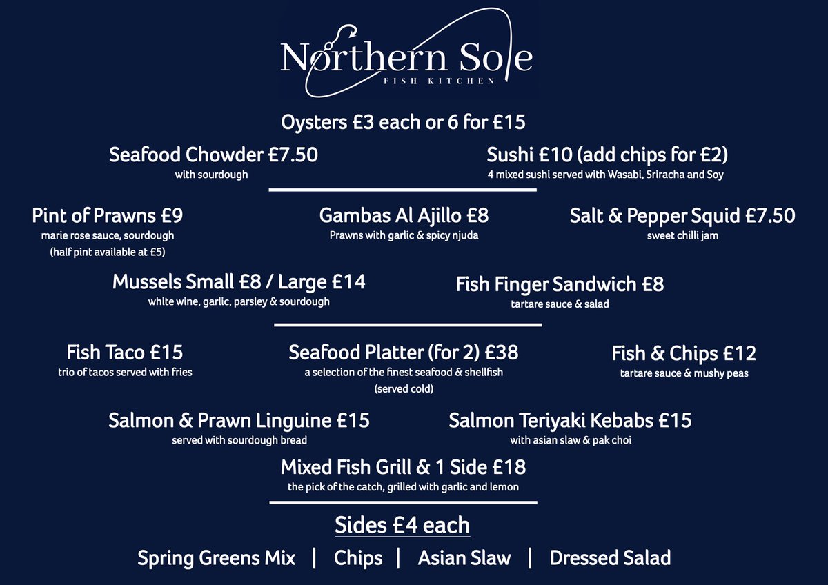 Our £6 lunch menu is served 11am-3pm today; with our main menu available all day. If you’re taking the tiddlers to <a href="/unboxed2022/">unboxed2022</a> then we have our kids fish bites special available all day too! Live music from 6pm. All in <a href="/HoHFoodHall/">HoH Food Hall</a>

#Northernsole #hull #Unboxed2022 #seafood