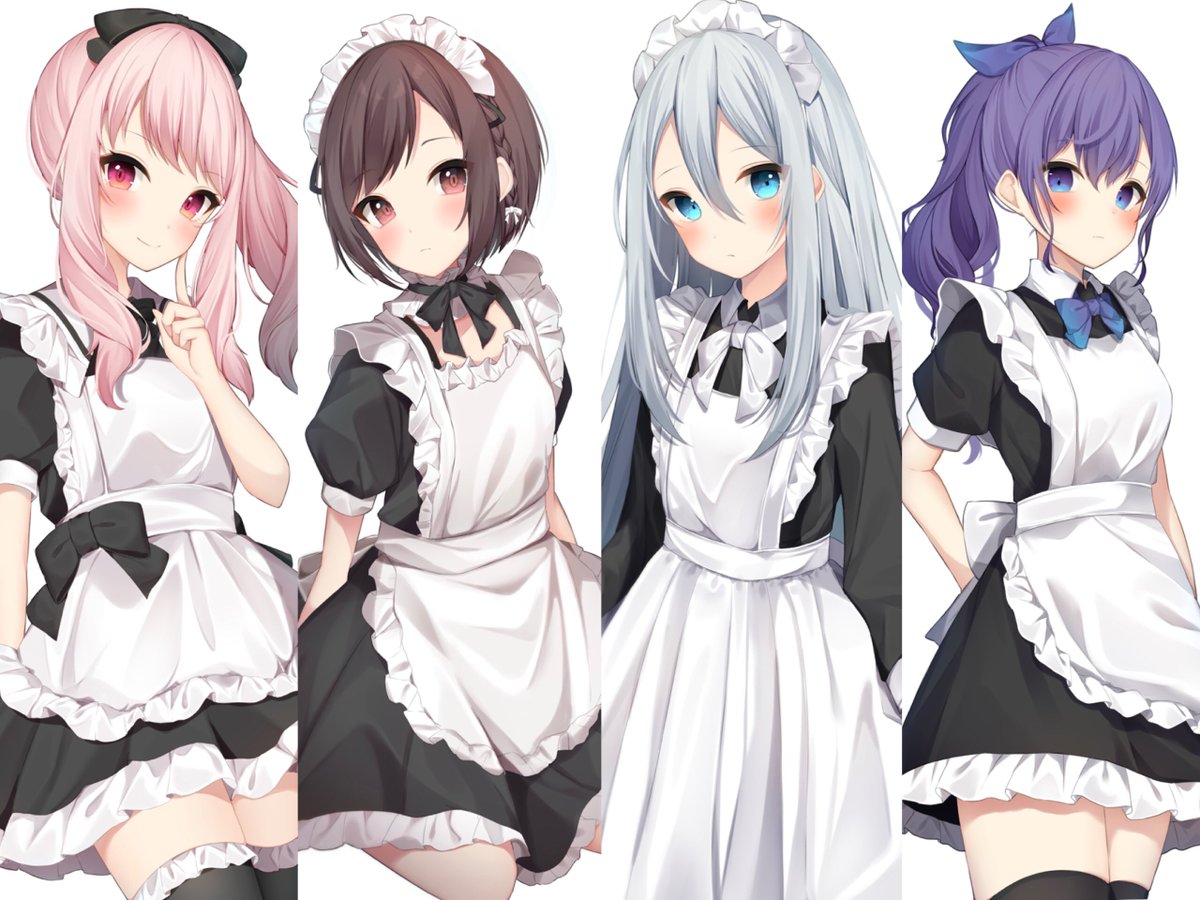 1other apron multiple girls blue eyes thighhighs pink hair brown hair  illustration images