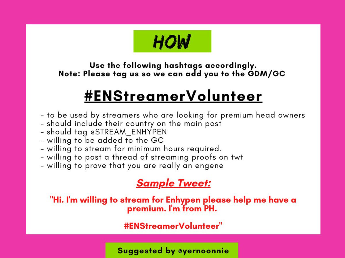STREAM_ENHYPEN's tweet photo. [📢] ENHYPEN STREAMING HASHTAG PROJECT

Hi Engenes! We are looking for volunteers!

Kindly check the posters below for more details. SAVE Team are excluded here since we have our own premium accounts for them. 
Thank you! LET'S STREAM!
#ENHYPEN #엔하이픈 @ENHYPEN_members @ENHYPEN https://t.co/5wluozvYsJ