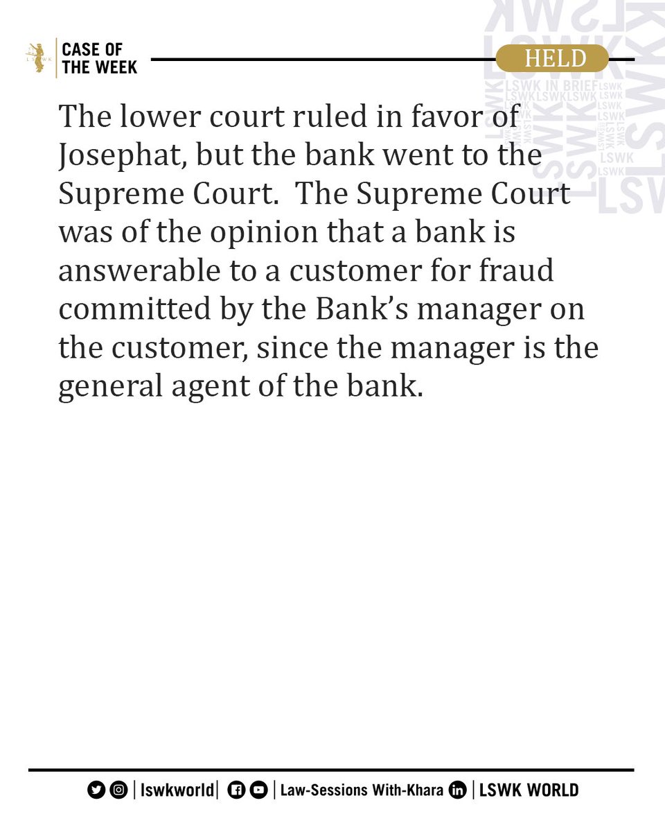 lswkworld's tweet photo. ••• #LSWKCaseOfTheWeek: African Continental Bank Ltd. Calabar V. Josephat O. E. Agbanyim [1960] SCNLR PG 57
•
This is a case of fraud by the bank manager of the bank.
••••••
#LSWK #Legal #CaseLaw #Law #Khara #HTHEXIII https://t.co/lKlLABM5C5