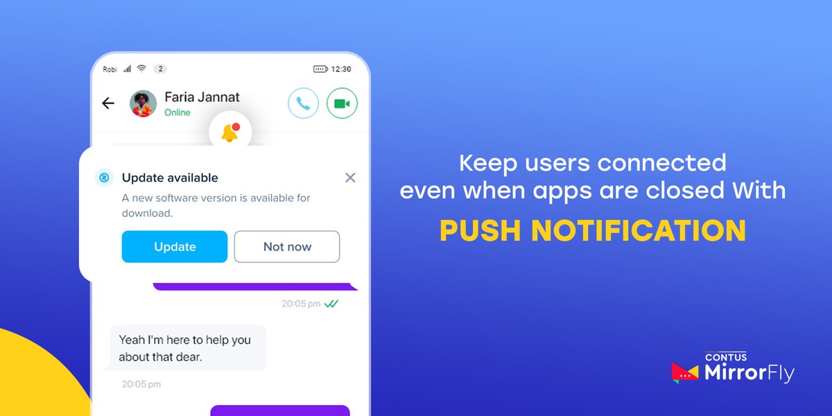 MirrorFlyTeam's tweet image. Push notification in in-app messaging application creates an impactful engagement, user retention and conversational route to stay in touch with the user.

#ChatAPI #ChatSDK #Chatapp #Userexperience #Inapp #Personalized #Mobileapp #Mobileexperience #Customerengagement #Realtime
