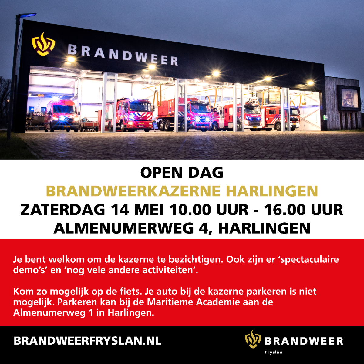 BrandweerFrl's tweet photo. Brandweer Harlingen heeft een nieuwe kazerne 🚒🚒! Dat is een goede reden voor een open dag. Je bent van harte welkom op zaterdag 14 mei 2022 van 10.00 - 16.00 uur aan de Almenumerweg 4. Zien we je dan? https://t.co/AQmSpA4tVz